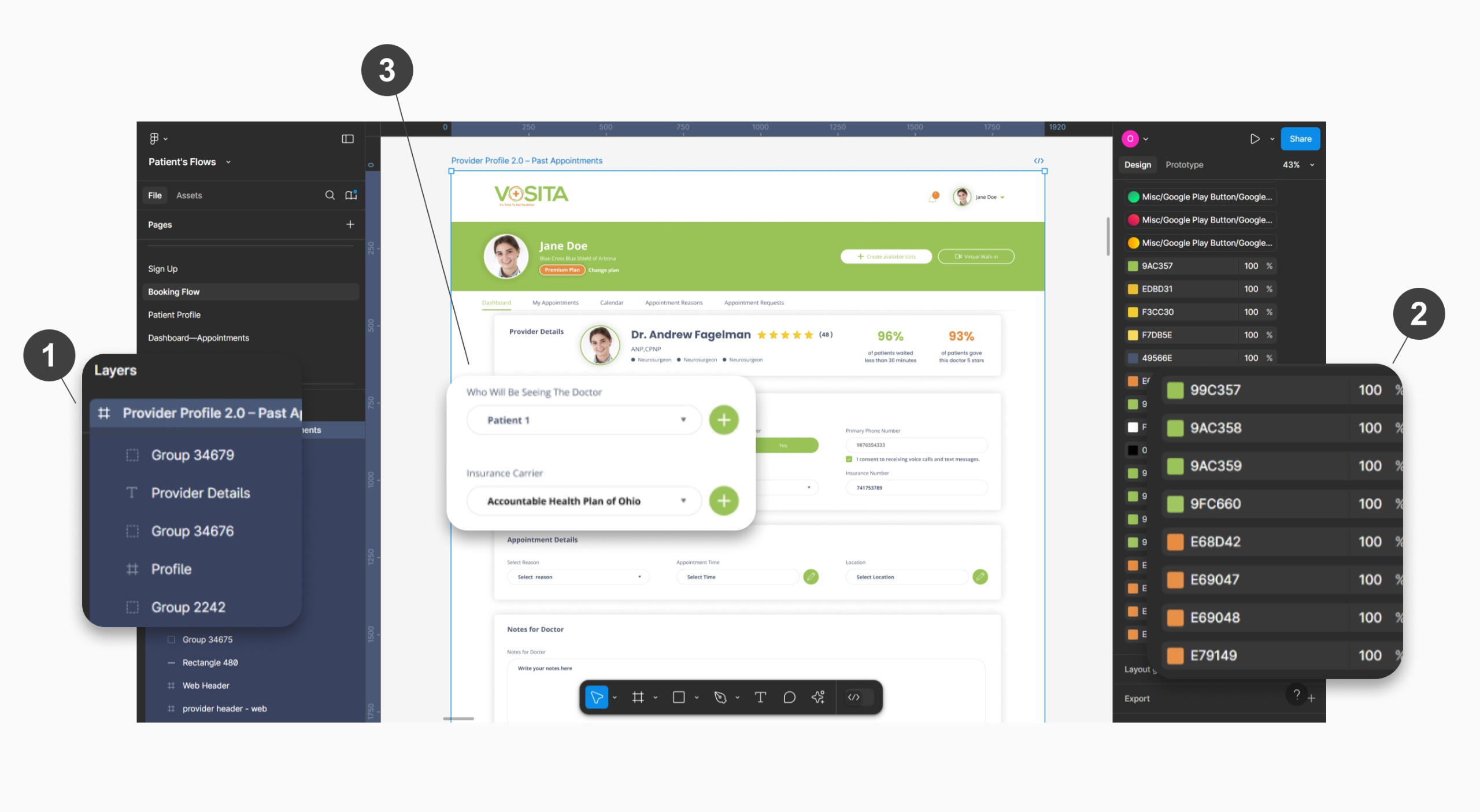 1. No auto-layout, no components, 2. Hex code variations of the same colors, 3. Wrong font, inconsistent font color. Click to enlarge image.